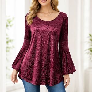 Wine & Burgundy Velvet Burnout Blouse Sz L Long Bell Sleeve Lined Boho Chic New